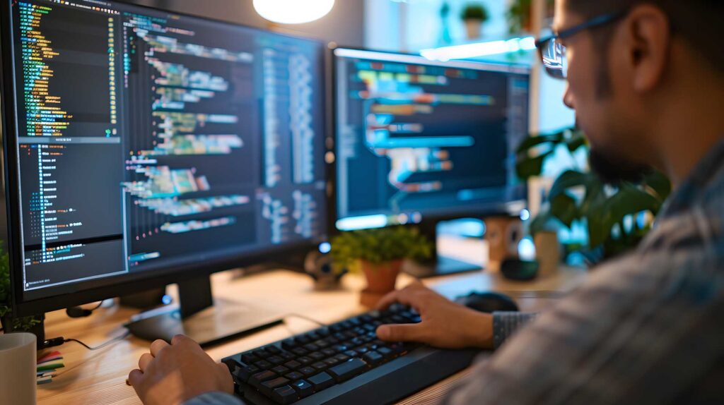 Ontwikkelaar in IT team die achter computer schermen zit